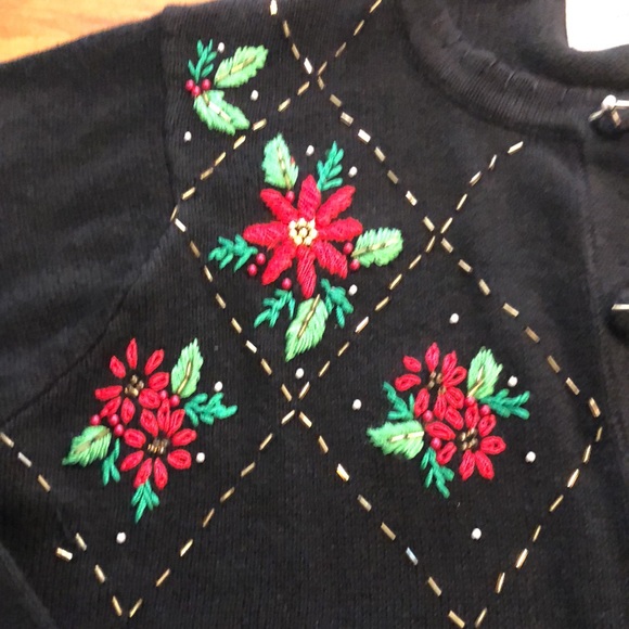 UGLY CHRISTMAS SWEATER So Pretty It’s Ugly Poinsettia Embroidered with Gold Bead - Picture 6 of 8